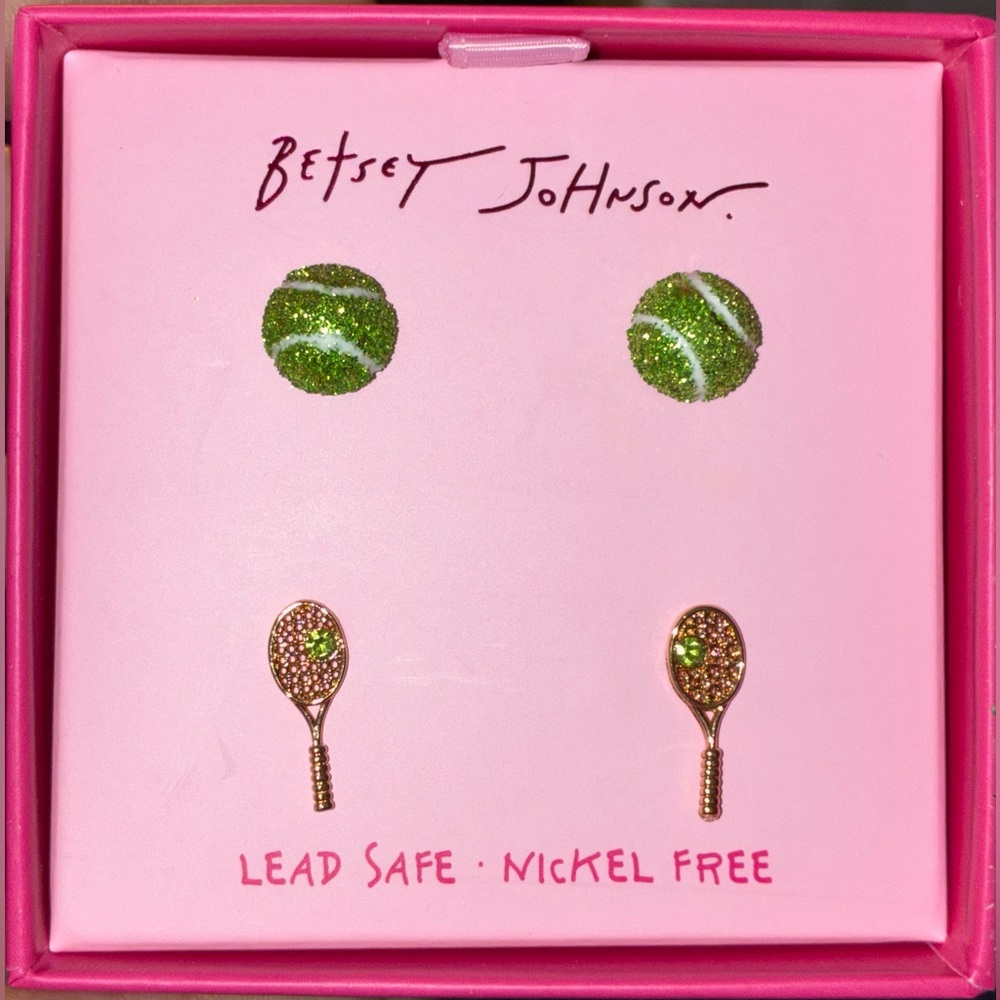 BETSEY JOHNSON Two Pair of Tennis Rackets & Tennis Ball Stud Earrings NEW NWT